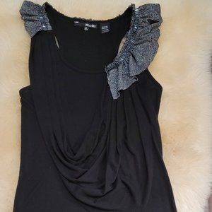 MISS ME Metallic Ruffle and Bugle Bead Embellished Drape Front Top - Medium